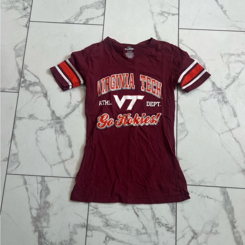Pro Edge Red and White Short Sleeve Tee with Sporty Stripes Virginia Tech Hokies